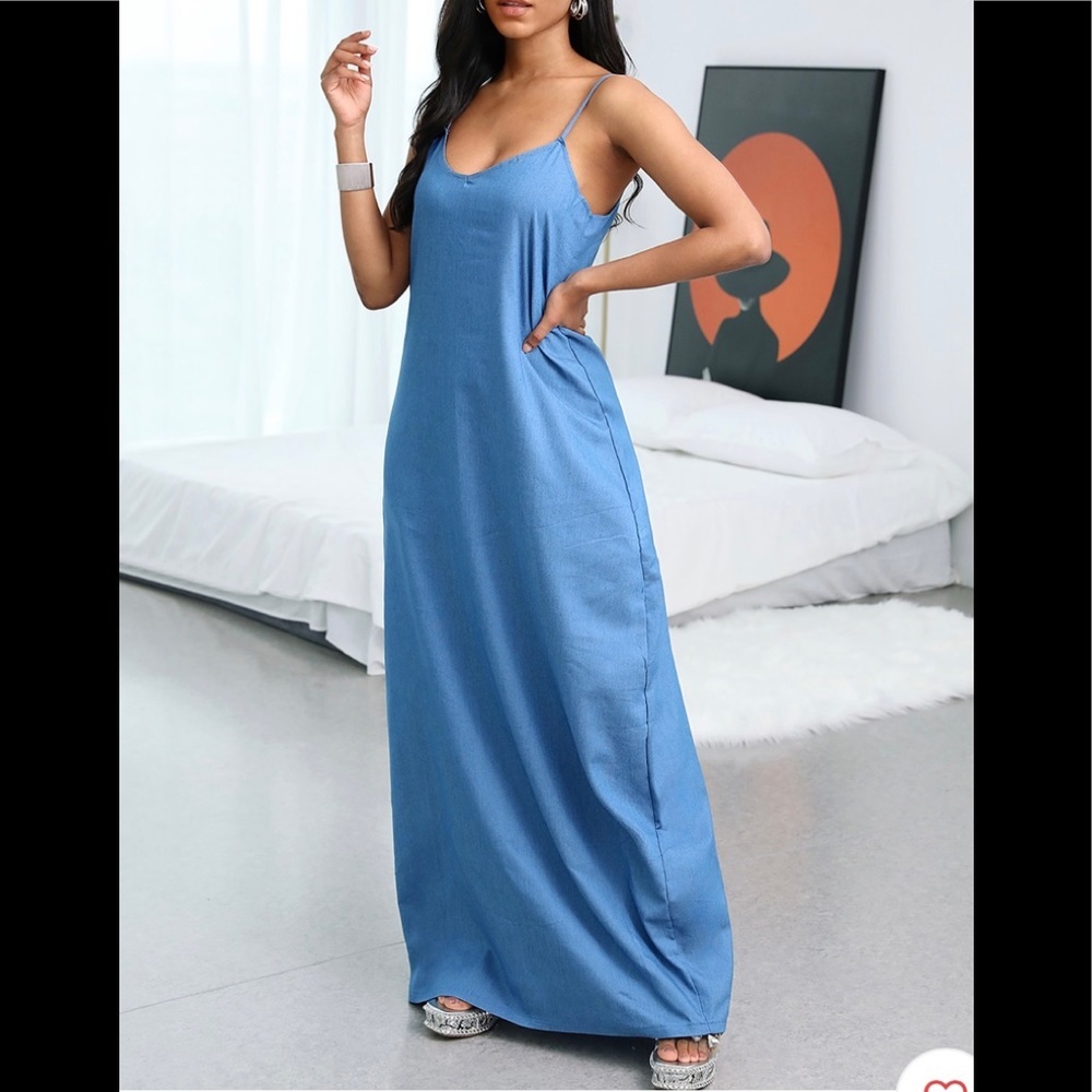 spaghetti strap loose denim maxi - Picture 3 of 7